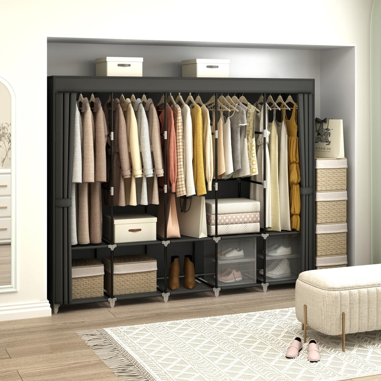 MOGELAFOO 83 Inch Wide Portable Closet Wardrobe, Clothes Storage Rack Organizer with Cover, 5 Clothes Hanging Rods and 10 Storage Shelves, Black MOGELAFOO