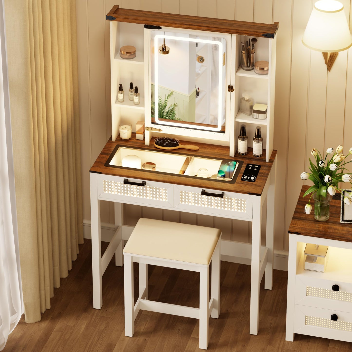 Small Makeup Vanity Desk Set with Light, Farmhouse Vanity Table with LED Lighted Mirror and Charging Station, Antique White Dressing Table with 2 Rattan Drawers and Hidden Jewelry Box for Bedroom