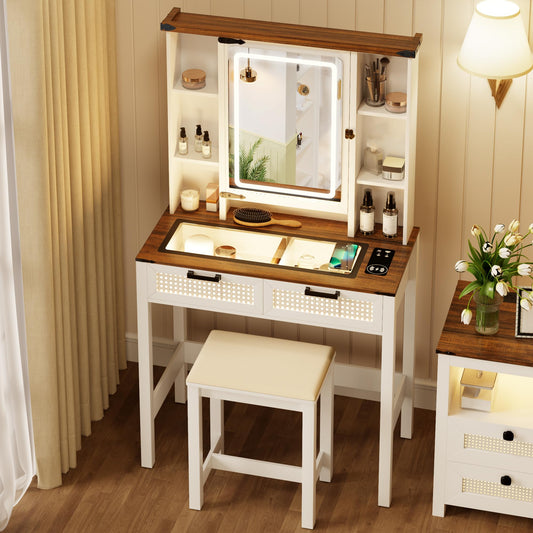 Small Makeup Vanity Desk Set with Light, Farmhouse Vanity Table with LED Lighted Mirror and Charging Station, Antique White Dressing Table with 2 Rattan Drawers and Hidden Jewelry Box for Bed - WoodArtSupply