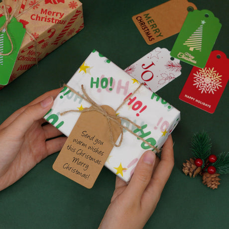 48 pcs Christmas Gift Tags for Presents, Elegant Kraft Name Tags with String for Holiday Personalizing Gift Wrapping(Red Joy, Green Christmas Tree) Luckonway