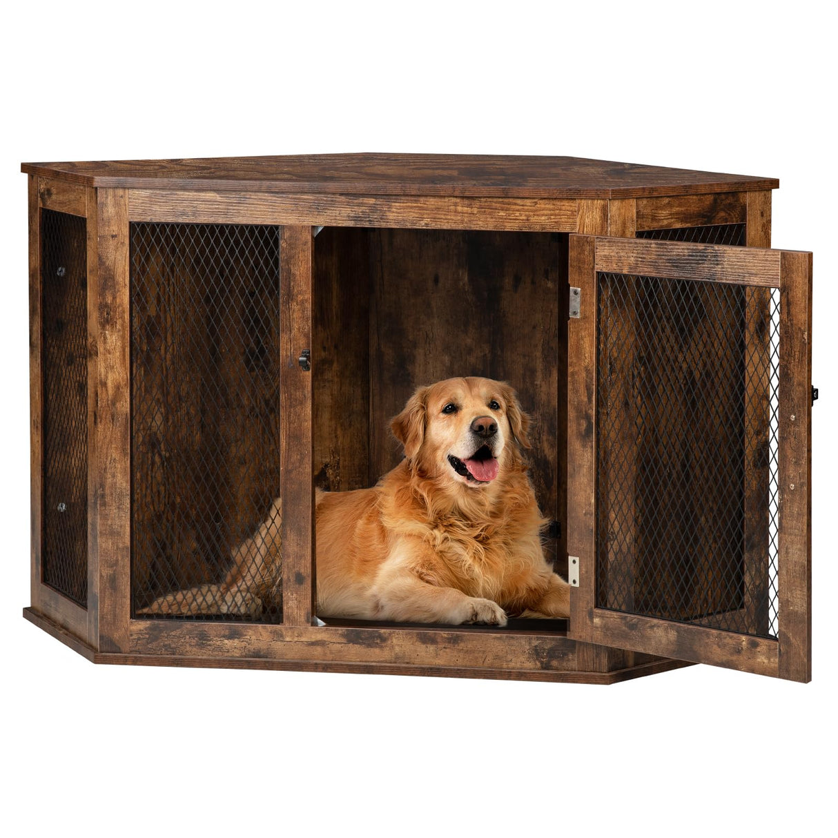 VITESSE Corner Dog Crate Furniture, 44/52inch Durable Wooden Dog Kennel End Table, Indoor Decorative Puppy Kennel with Metal Mesh, Heavy-Duty Pet House for Large Dogs with Portable Switch, TV Stand VITESSE
