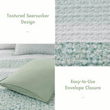Madison Park Quilt Set, Seersucker Floral Coverlet for King Size Bed, All Season Lightweight Bedding, Farmhouse Quilt Set, Vermicelli Quilting, Throw Pillow, Caralie, King/Cal King Green 4 Piece Madison Park