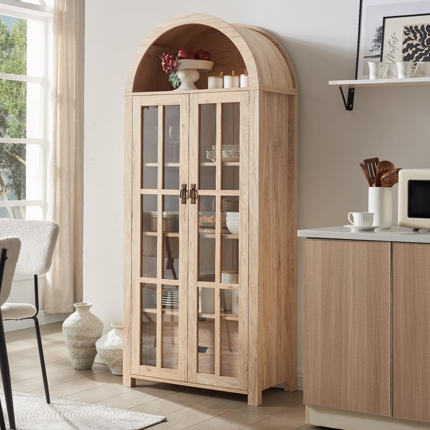 71" Tall Arched Kitchen Pantry Storage Cabinet with Glass Doors, 5 Tier Modern Bookshelf with 2 Drawers, Wooden Storage Cabinet with Doors and Shelves for Living & Dining Room, Bathroom, Laundry Room