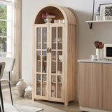 71" Tall Arched Kitchen Pantry Storage Cabinet with Glass Doors, 5 Tier Modern Bookshelf with 2 Drawers, Wooden Storage Cabinet with Doors and Shelves for Living & Dining Room, Bathroom, Laundry Room Okvnbjk