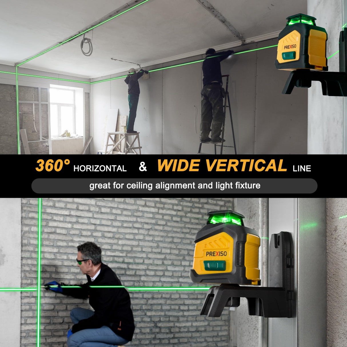PREXISO 360° Laser Level with Tripod, 100Ft Dual Power Self Leveling Cross Line Laser- Wide Angle Vertical Line for Construction, Floor Tile, Renovation with Magnetic Base, Wall Panel Stand, Carry Bag Prexiso