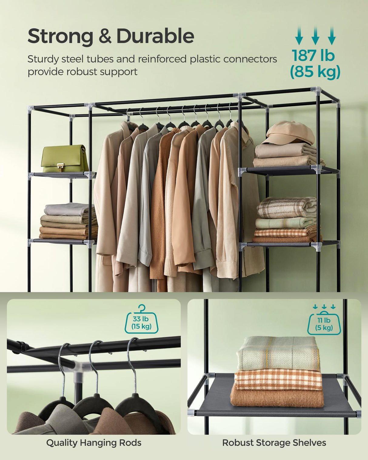 SONGMICS Closet Wardrobe, Portable Closet for Bedroom, Clothes Rail with Non-Woven Fabric Cover, Clothes Storage Organizer, 59 x 17.7 x 69 Inches, 12 Compartments, Gray ULSF03G SONGMICS