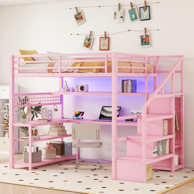 Full Size Loft Bed with LED Light and Stairs, Metal Loft Bed Frame with Desk, Storage Drawers & Shelves, Hanging Rod, Gaming Lofts Beds with Charging Station for Adults Teens Kids Gamer, Pink