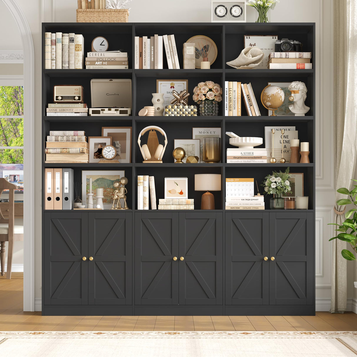 FACBOTALL 75" Triple Wide Bookshelf, Bookshelf and Bookcase with 6 Farmhouse Doors, 71" Wide 6 Tier Book Shelf with 18 Storage Shelves, Large Wooden Bookshelves, Tall Bookcase for Home Office, Black FACBOTALL