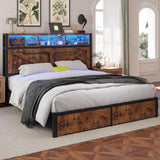 Farmhouse Queen Bed Frame with Bookcase Headboard and Storage Drawers, LED Lights and Charging Station, No Box Spring Needed, Noise Free, Rustic Brown Fastroby