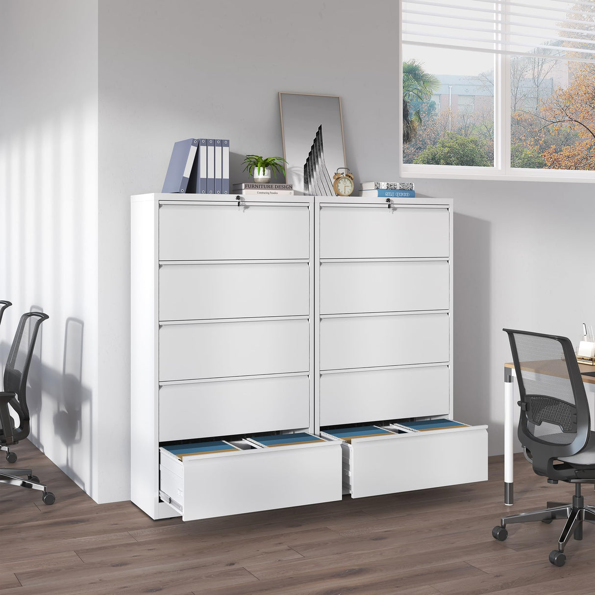 IKIMI 5 Drawer Lateral File Cabinets with Lock Office Filing Cabinet Steel Storage Cabinet Wide Horizontal Filing Metal Cabinets for Files Legal/Letter/A4 Size Assembly Required IKIMI