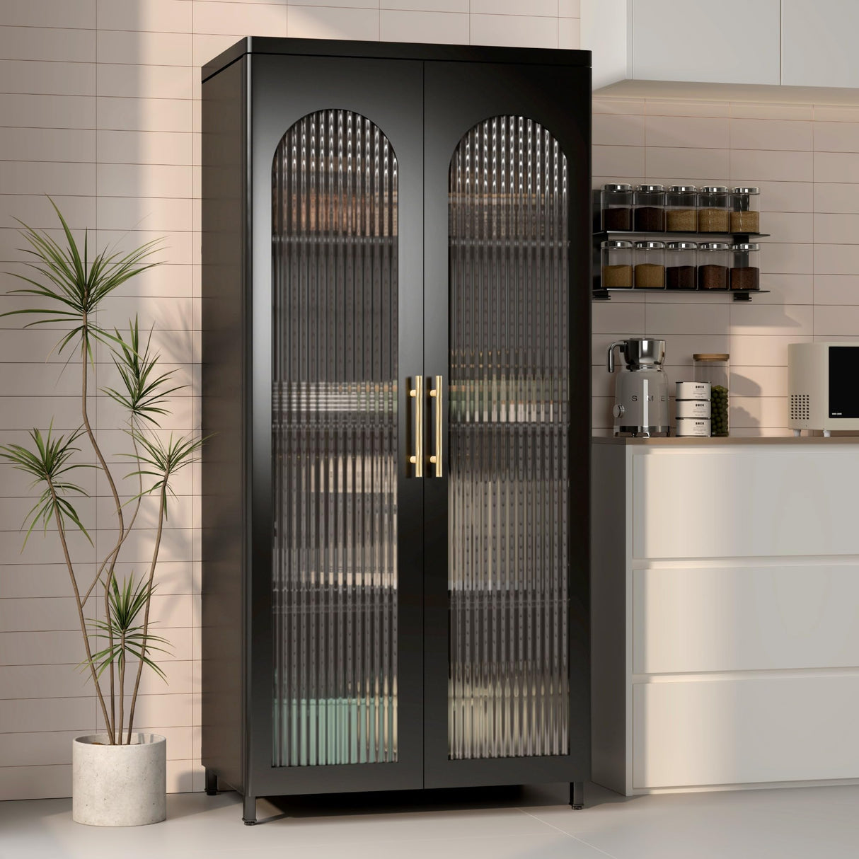 VASAAOSD Kitchen Pantry Storage Cabinets, Metal Sideboard Storage Cabinet with Glass Doors and Adjustable Shelves, Modern Furniture Pantry Cabinet for Kitchen, Living Room and Dining Room, Black VASAAOSD