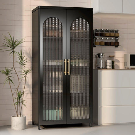 VASAAOSD Kitchen Pantry Storage Cabinets, Metal Sideboard Storage Cabinet with Glass Doors and Adjustable Shelves, Modern Furniture Pantry Cabinet for Kitchen, Living Room and Dining Room, Black VASAAOSD