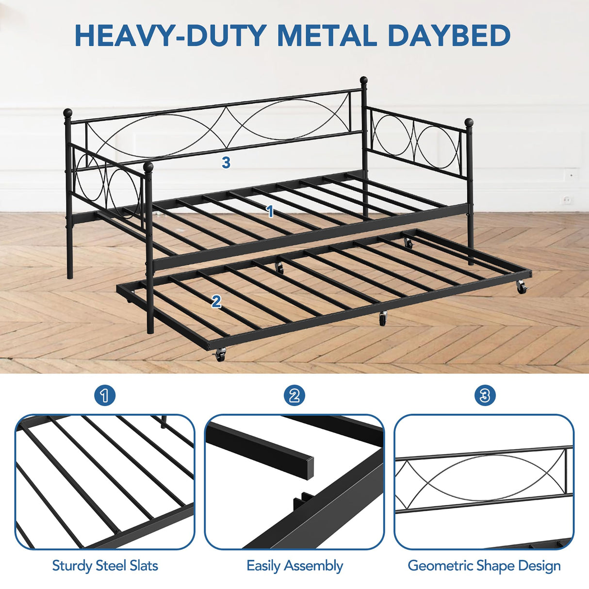 IDEALHOUSE Twin daybed with Trundle, Metal Twin Daybed and Trundle Set, Day Bed Sofa Bed Frame with Steel Slat Support, Multifunctional Daybed Frame for Bedroom (Modern - Black) IDEALHOUSE