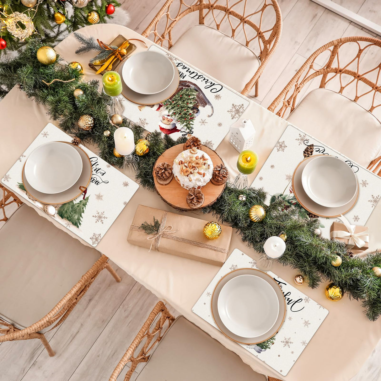 Gandeer Set of 6 Rustic Christmas Placemats 17 x 12'' Farmhouse Plastic Place Mats Santa Modern Christmas Placemats Wipeable Washable Vinyl Table Mats for Kitchen Xmas Home Dining Party Decor Gift Gandeer