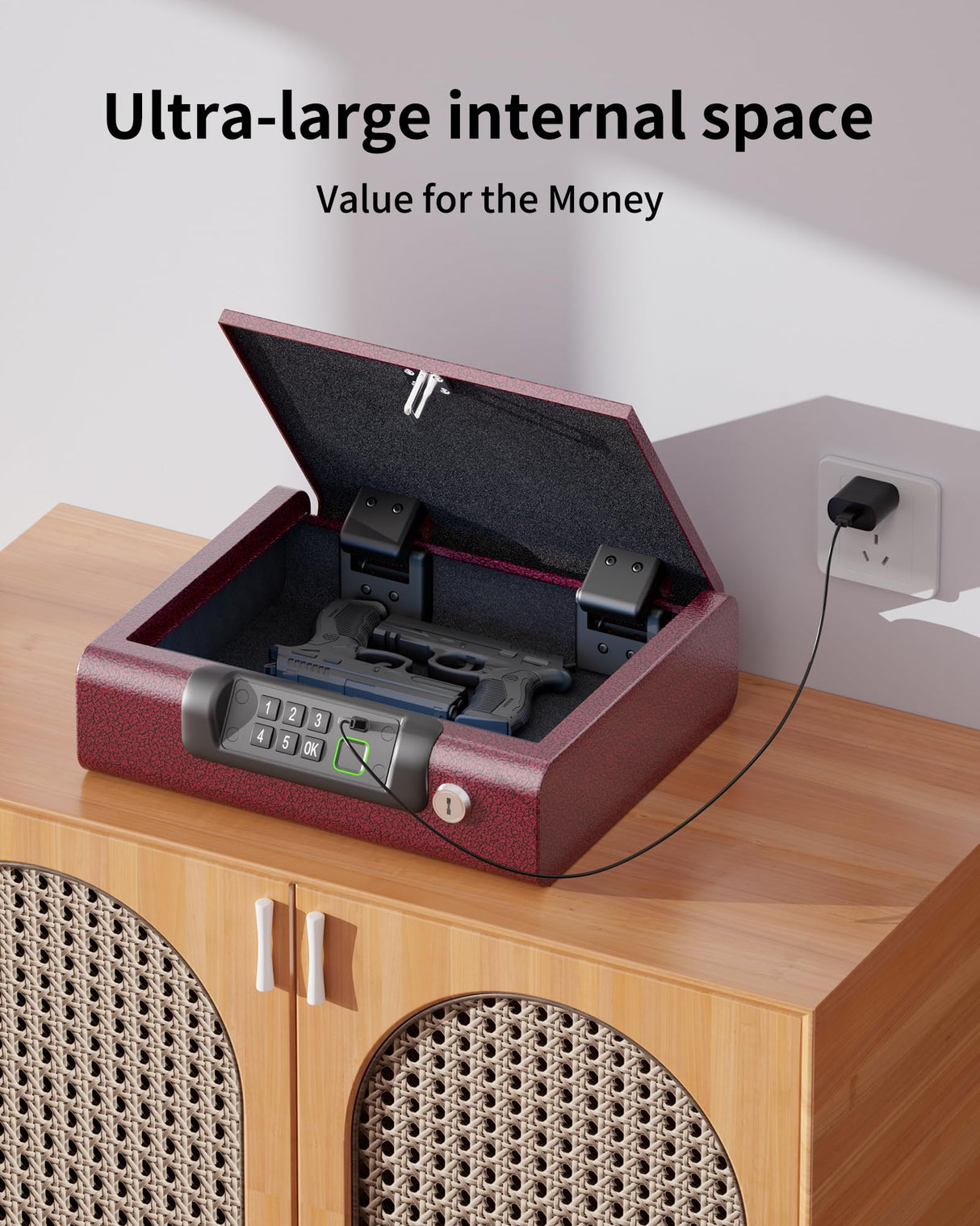 Gun Safe,Biometric Gun Safe for Pistols 3-Ways unlock Fingerprint Digital PIN Key Unlock with Voice,Lock box for Cloakroom living room Bedroom Nightstand and Car BILLCONCH - Burgundy Red BILLCONCH