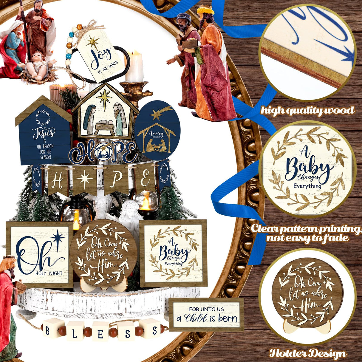 Bucherry 1 Sets Christmas Christian Tiered Tray Decor Christmas Jesus Theme Tray Decor Angel Jesus Star Wooden Decor Wood Angels Mangers Jesus' Birth Decor(Novel) Bucherry