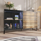 Hitow High Gloss Curio Display Cabinet for Collectibles, 63" W Lighted Bookshelf, Metal and Wood Bookshelf with Glass Doors & Drawers, Rustic Glass Display Case for Living Room, Black & Wood Grain Hitow