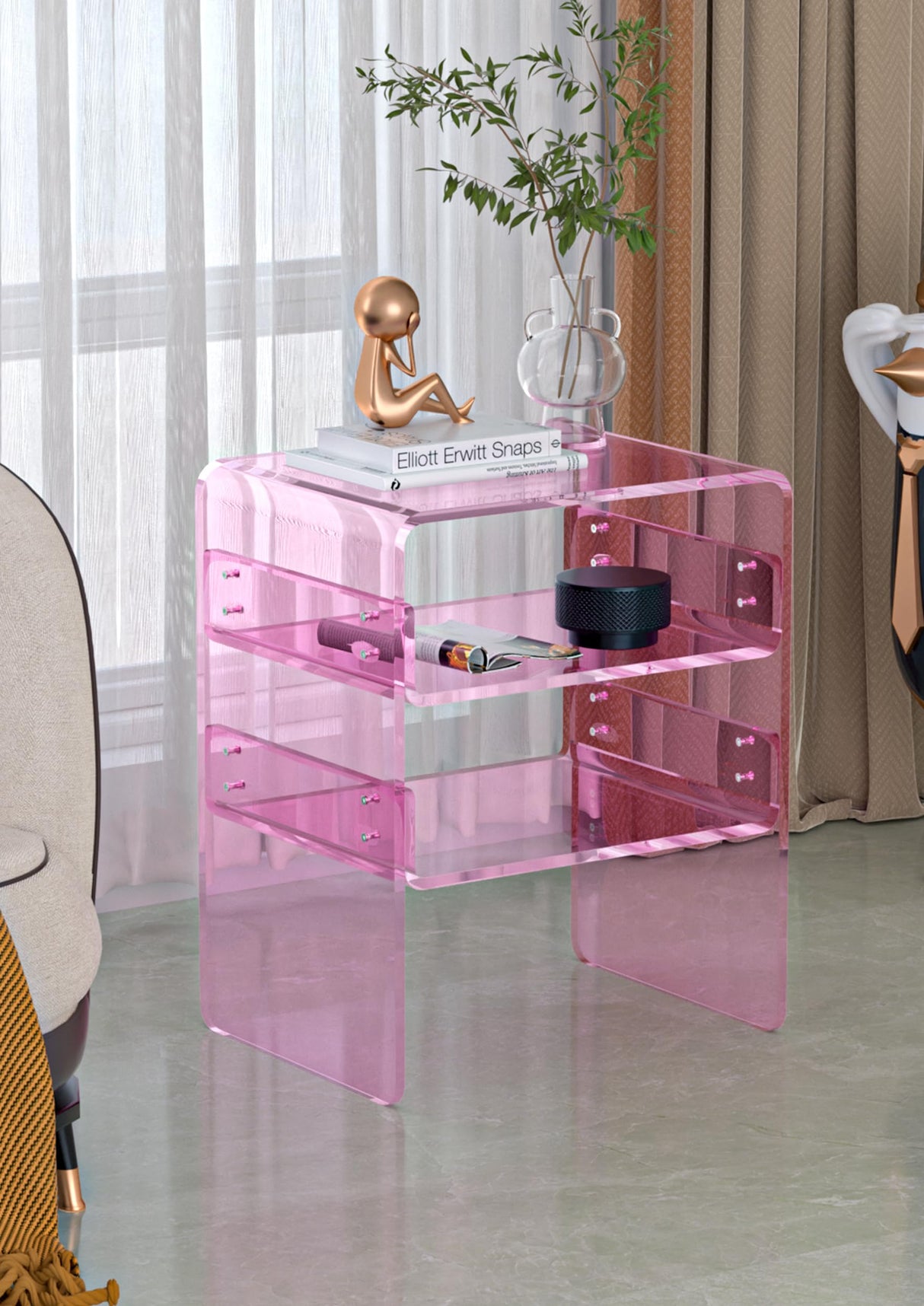 Clear Acrylic 3-Tier End Table/Nightstand – Sleek Bedside Storage with Durable Design, Perfect for Bedrooms, Living Rooms, or Modern Interiors – Ideal as a Bedside Table or Sofa Side Piece (Pink) Smitten.Life