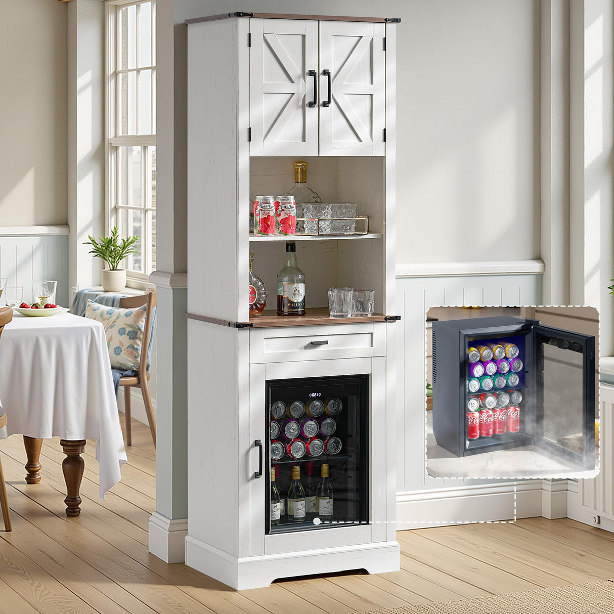 LUXOAK Bar Cabinet with Fridge (Included), 69" Farmhouse Wine Cabinet with Storage Drawers & Adjustable Shelves, Coffee Bar Cabinet for Home bar, Dining Room, Living Room LUXOAK