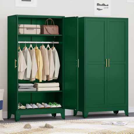71" H Metal Armoire Wardrobe Closet, Adjustable Shelve, Clothes Drying Pole, Steel Wardrobe Cabinet for Bedroom (Green) Ckzbx