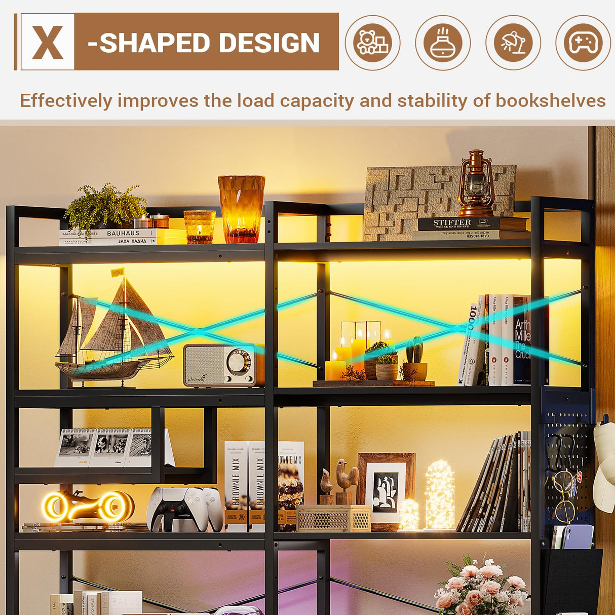 Itaar 5-Tier Convertible Corner Bookshelf with LED Light, Pegboard & Storage – Black Itaar