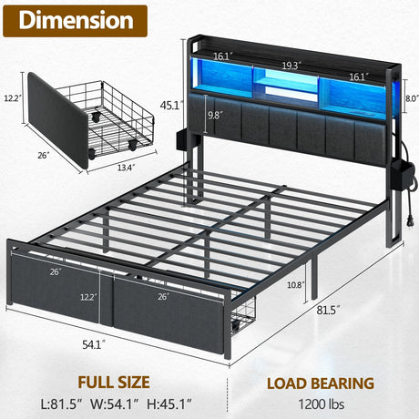 Furnulem Full Size Bed Frame with Headboard, Bed Frame Full Size with Storage Drawers, Charging Station and LED Lights, Metal Platform No Box Spring Needed, Upholstered Headboard, Noise Free, Black Furnulem