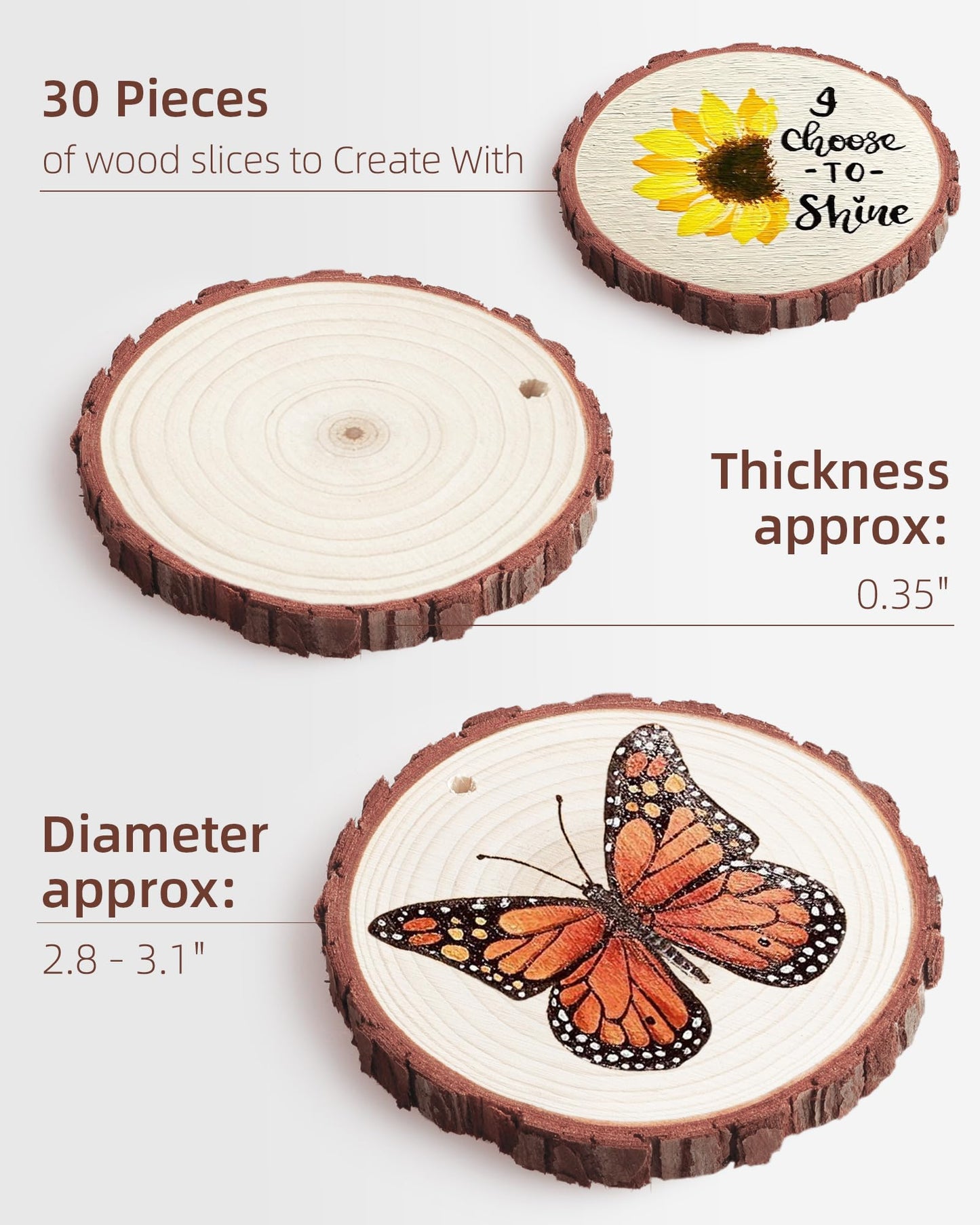 Travlog Unfinished Wood Slices with Hole, Natural Wood Circles Blank with Bark for DIY Crafts, Home Decor, Christmas Ornament (30Pcs, 2.4-2.8 Inch)