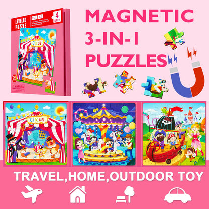 Jade Hare Magnetic Puzzles for Kids Ages 3-5, Toddler 3 in 1 Circus Jigsaw Puzzle Book, Kids Travel Puzzles Toys, Montessori Preschool Learning Toy for 1-5 Year Olds Girls