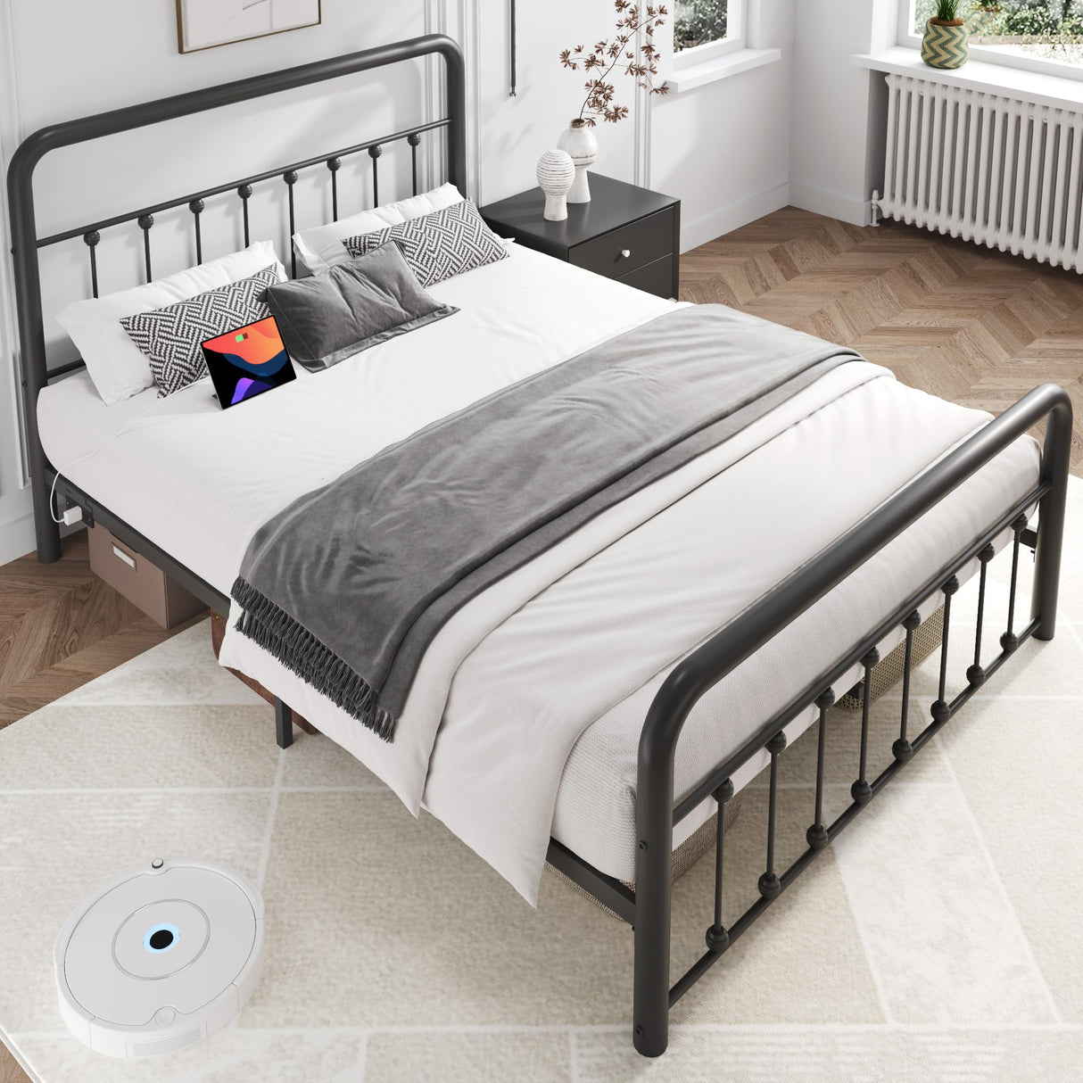 Fluest Queen Bed Frame Classic Metal Platform Bed Frame with Charging Station & LED, Victorian Style Iron-Art Headboard/Footboard, Under Bed Storage, No Box Spring Needed, Noise Free, Black Fluest