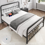 Fluest Queen Bed Frame Classic Metal Platform Bed Frame with Charging Station & LED, Victorian Style Iron-Art Headboard/Footboard, Under Bed Storage, No Box Spring Needed, Noise Free, Black Fluest