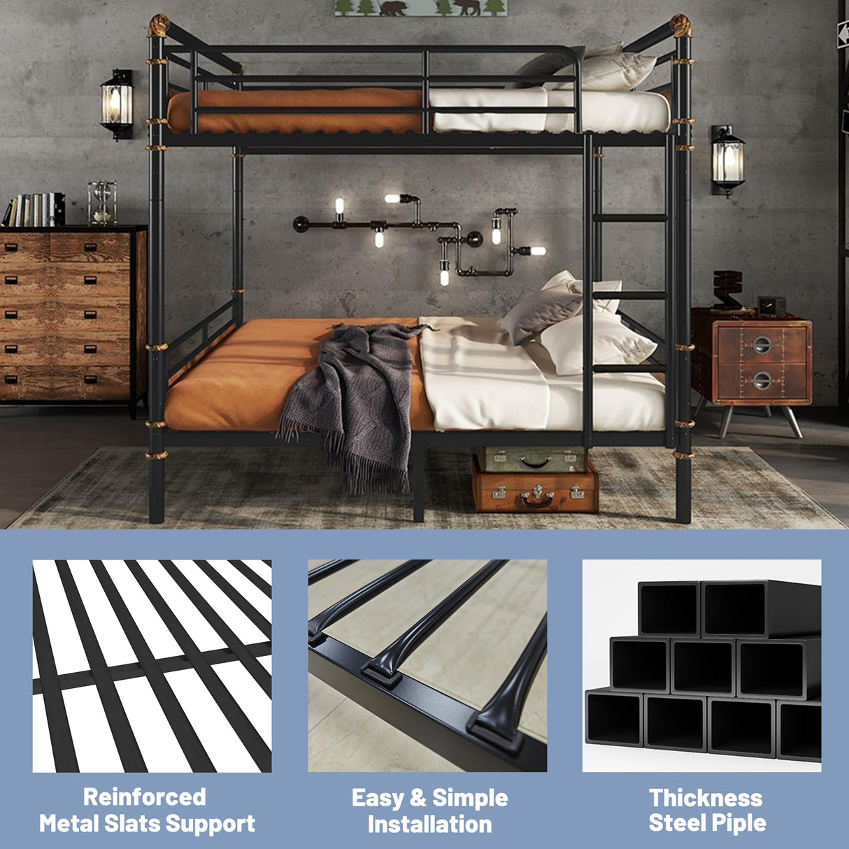 Mirightone Queen Over Queen Bunk Beds for Teens or Adults,Industrial Heavy-Duty 2 in 1 Metal Convertible Bunk Bed with Ladder and Slats Support,15.9" High Guard Rail,Space-Saving,Noise Reduced,Black Mirightone