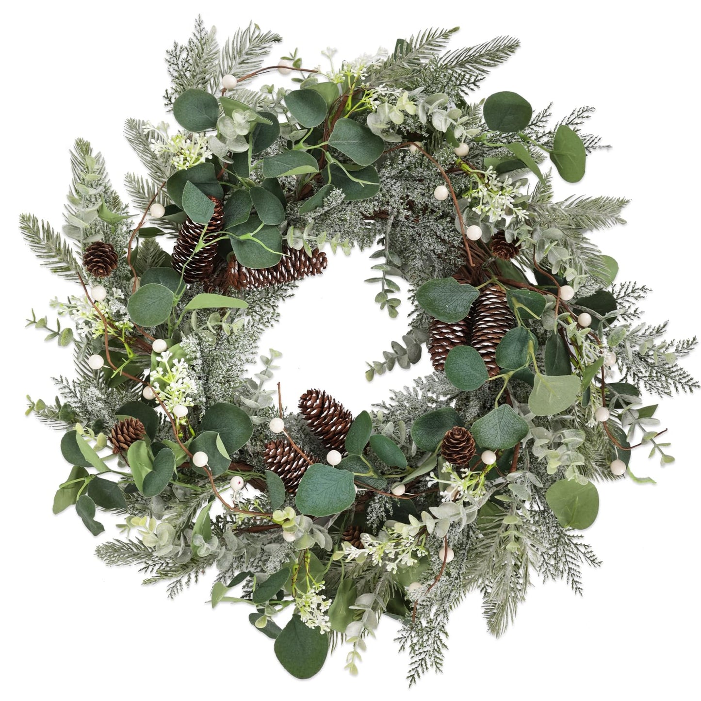 24" Christmas Wreath with Pine Cones White Berries, Winter Eucalyptus Artificial Faux Evergreen Wreath Greenery Decoration for Front Door Window Home Wall Farmhouse Holiday Outdoor Indoor Décor