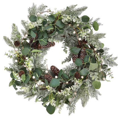 24" Christmas Wreath with Pine Cones White Berries, Winter Eucalyptus Artificial Faux Evergreen Wreath Greenery Decoration for Front Door Window Home Wall Farmhouse Holiday Outdoor Indoor Décor