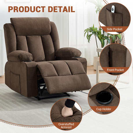 Oversized Recliner Chair,Classic and Traditional Manual Recliner Chair With Vibration Massage and Heat, Comfy Overstuffed Deep Seat Sofa With Side Pockets, Front Pockets and Cup Holder for Living Room Takywep
