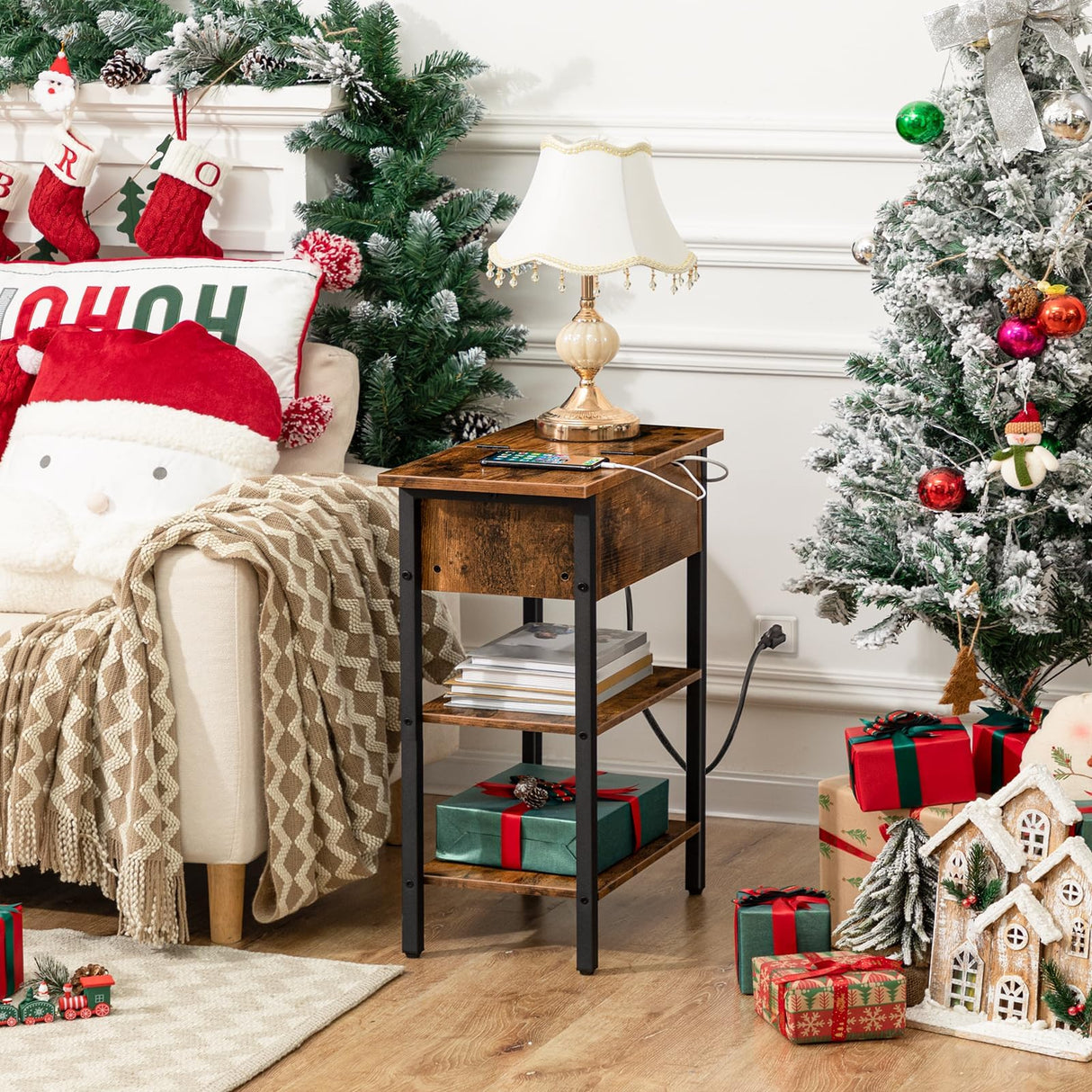 HOOBRO End Table with Charging Station, Narrow Side Table, Flip Top Nightstand with USB Ports and Outlets, Bedside Tables with Shelf for Small Spaces, Living Room, Rustic Brown BF341BZ01 HOOBRO