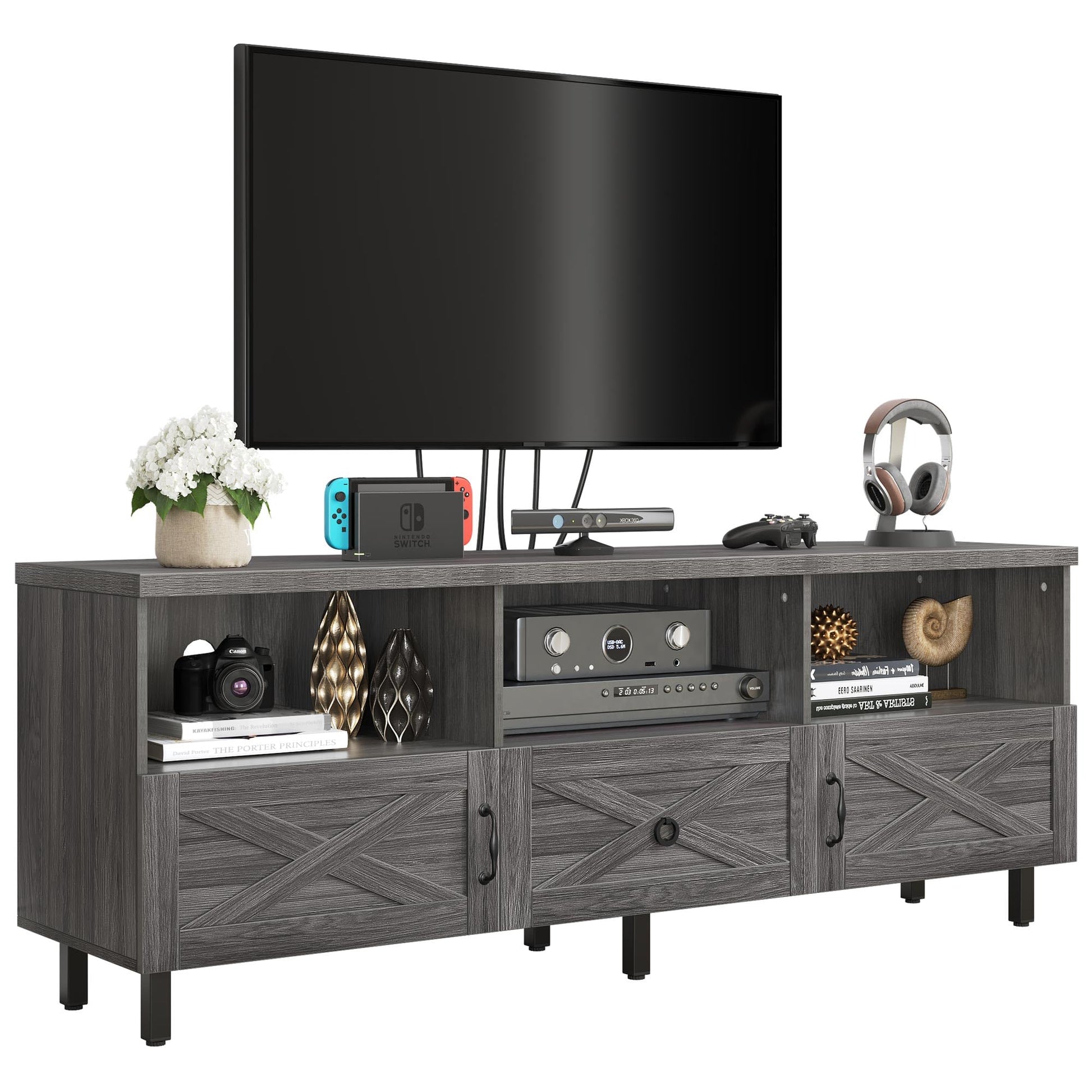 YITAHOME Mid-Century TV Stand for 70/65/60/55 inch, Boho Wood TV Table Farmhouse Media Console with Storage Cabinet and Open Shelves for Living Room, Bedroom, 65 inch, Grey - WoodArtSupply