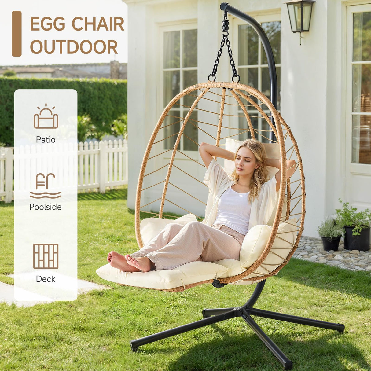 ONBRILL Hanging Egg Chair with Adjustable Footrest & Stand, Wicker Rattan Swing Hammock Chair with Cushion & Double Chains, 350LBS Capacity for Outdoor & Indoor Patio, Deck, Bedroom, Balcony (YE-BE) ONBRILL
