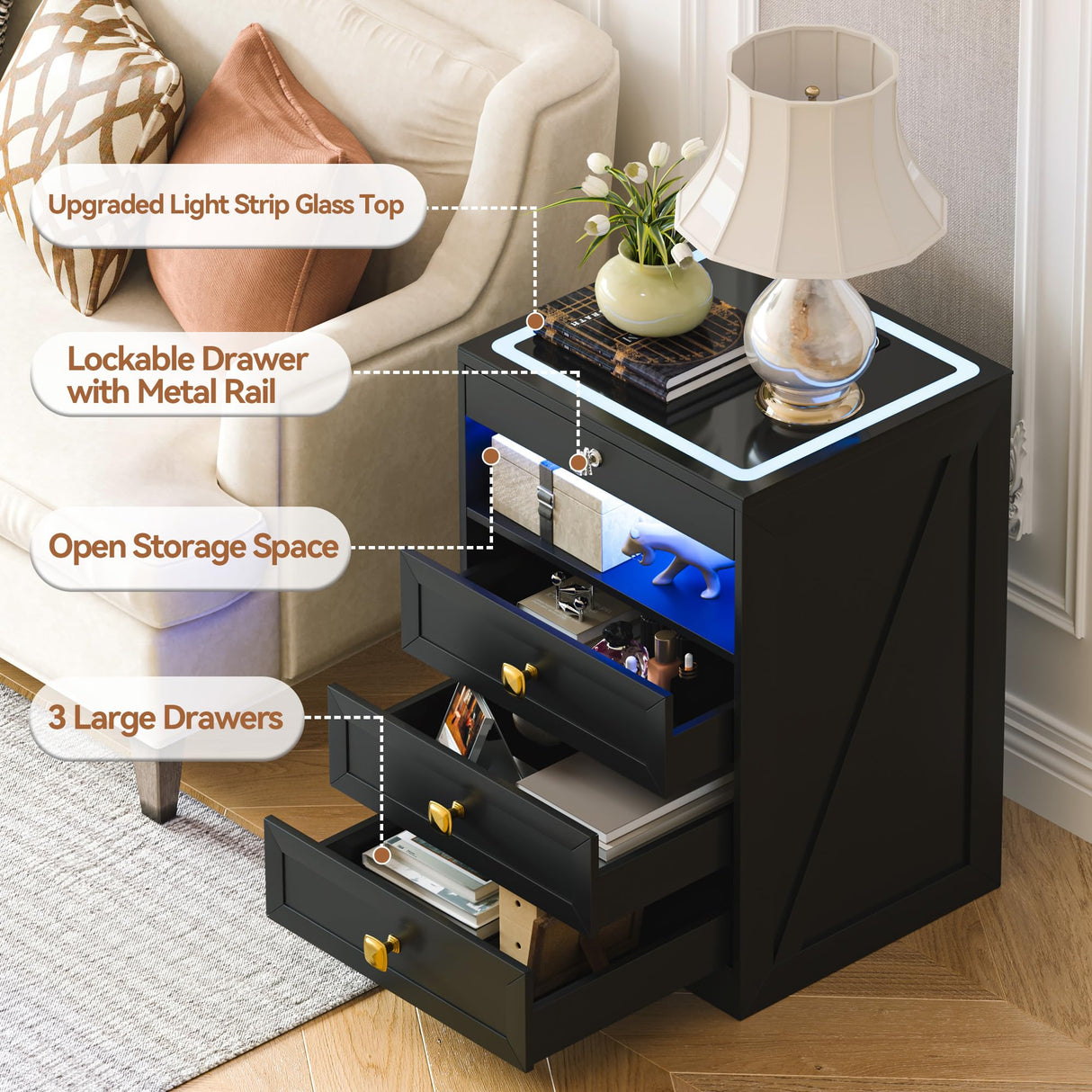 HNEBC 3 Color Dimmable LED End Table with Charging Station,Night Stand with Glass Desktop,Bedside Table with 3 Drawers for Bedroom,Black HNEBC