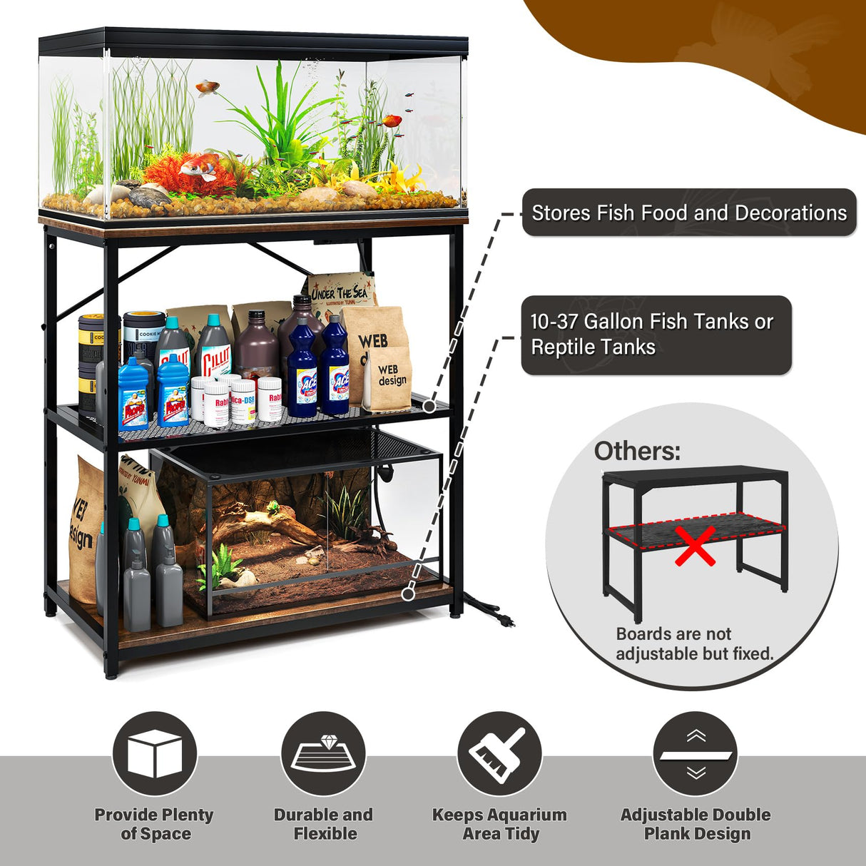TC-HOMENY Fish Tank Stand 10,20,29,37 Gallon, Aquarium Stand with adjustable shelf,1000LB Capacity ,31" L x 16" W Metal Reptile Tank Stand, Double Storage Design Adjustable Boards, Brown TC-HOMENY