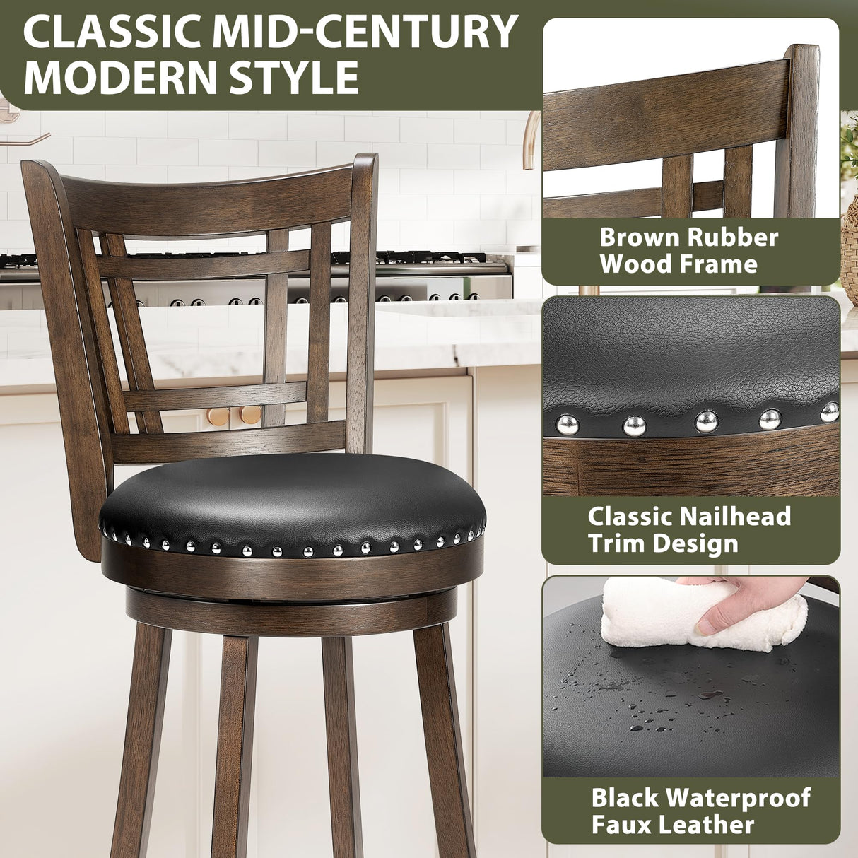 PrimeZone Swivel Bar Stools Set of 4-26" Counter Height Barstools with Backs, Faux Leather Bar Stool with Solid Wood Footrest & Nailhead Trim, Modern Counter Stools for Kitchen Island & Pub, Black PrimeZone