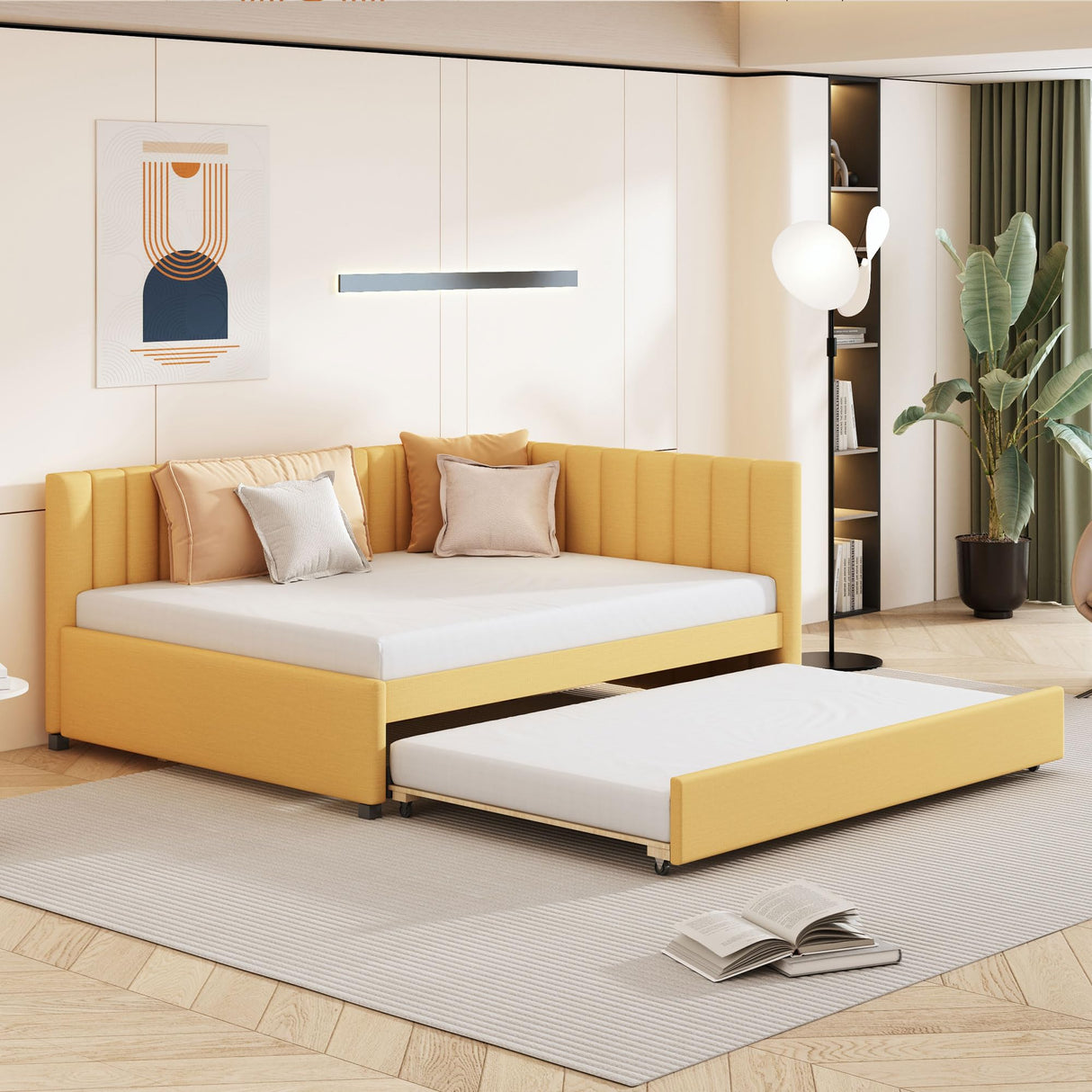Harper & Bright Designs Full Size Upholstered Daybed with Trundle, Daybed with Wood Slats, Linen Fabric Sofa Bed Frame for Living Room Bedroom (Full, Yellow) Harper & Bright Designs