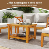 HAPPYGRILL 5 Pieces Acacia Wood Patio Chaise Lounge Chair Set with Ottoman, Outdoor Patio Furniture Set with Cushions and 2-Tier Coffee Table, Outdoor Sectional Conversation Sofa Set for Garden HAPPYGRILL