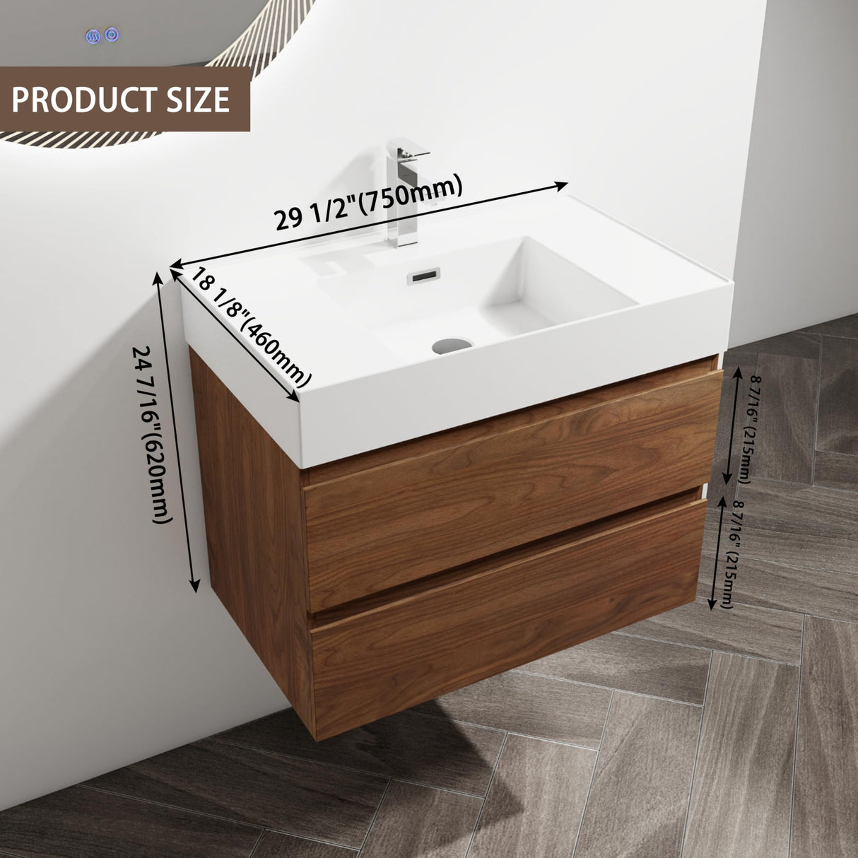 30 inch Bathroom Vanity with Sink, Modern Single Sink Bathroom Vanity, 30" Floating Vanity Bathroom Wall Mounted Bathroom Vanity Cabinet with Soft Close Drawers & Thick Edge Resin Sink, Brown Oak Minheola