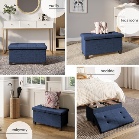STORAGEBUD Storage Ottoman Bench with Bins, 30-in Storage Bench for Bedroom End of Bed, Folding Foot Rest Ottoman for Living Room Max 660lbs, Velvet Ottomans, Blue STORAGEBUD