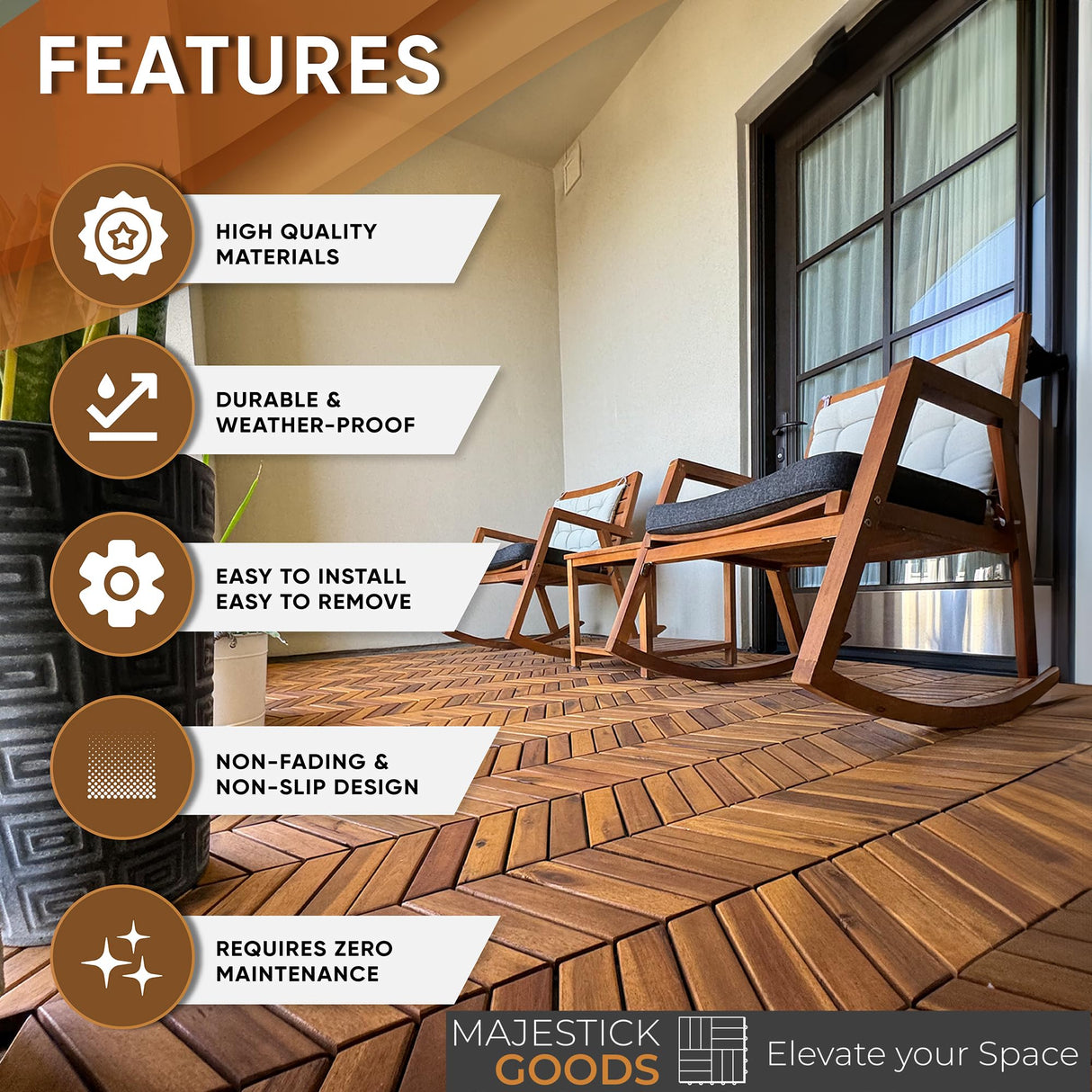 Interlocking Deck Tiles 12" x 9" Herringbone 6 Sq Ft - Non-Slip Acacia Wood Outdoor Tiles for Patio - Decking, Porch and Balcony Flooring Tiles - Easy to Install Wooden Deck Tile Pavers (8 Pack) Majestick Goods