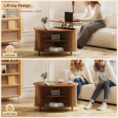 YKVIQBY Round Lift Top Coffee Table, 31.5" Fluted Wood Accent Coffee Table with 180° Curved Sliding Door, Hidden Storage, Mid Century Modern Center Table for Living Room Office Small Spaces, Walnut YKVIQBY