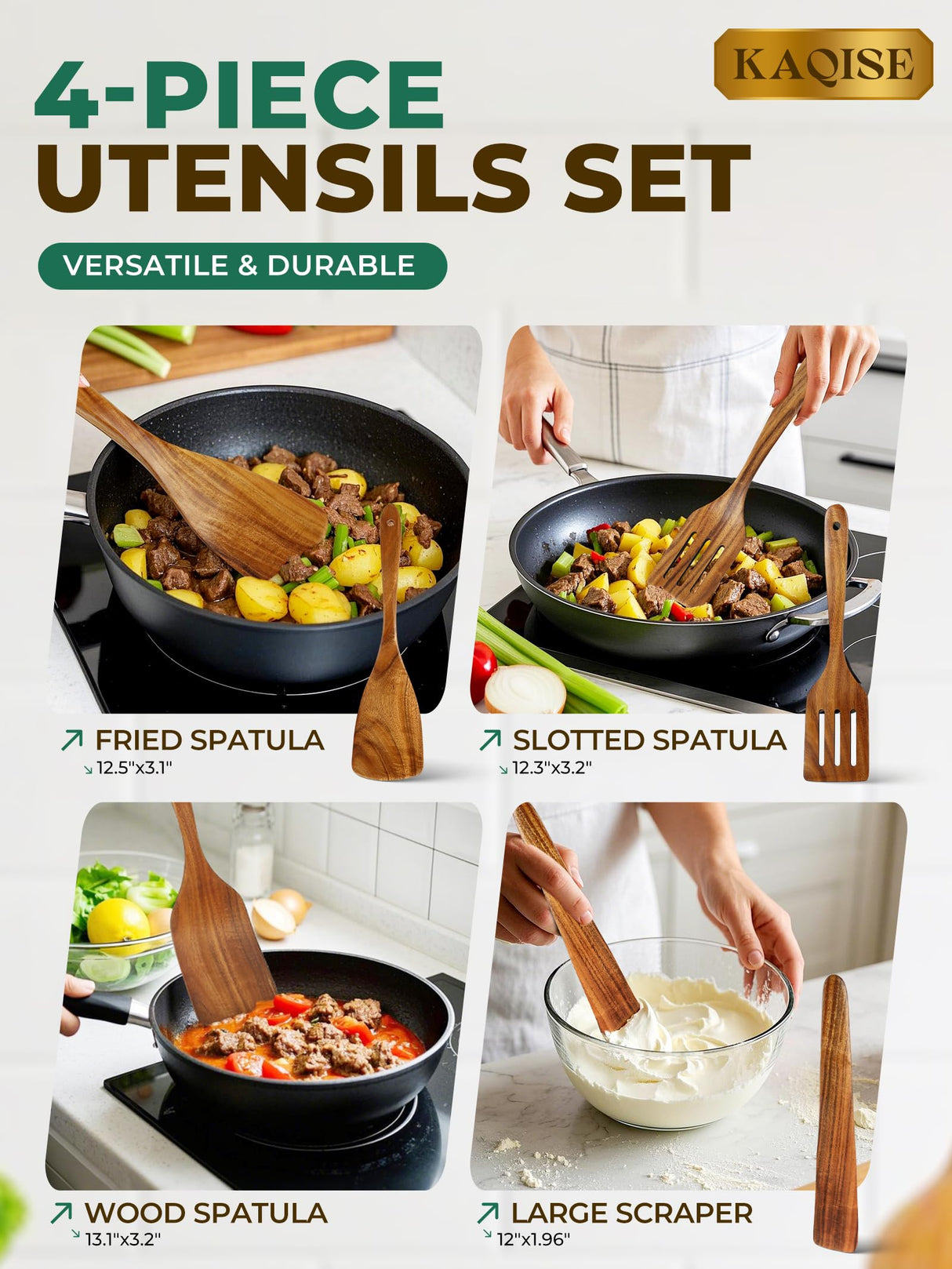 Wooden Spatula for Cooking, Natural Teak Wood Utensils including Frying Flat Spatula Turner, Wooden Kitchen Utensils Set (4Pcs) KAQISE