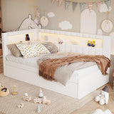 Merax Modern Upholstered Platform Bed Frame with USB Ports & Trundle Bed, Floor Sofa Day Bed, No Box Spring Needed/Easy Assemble/Twin,White Merax