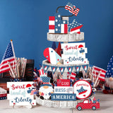 FairySandy 15 Pcs 4th of July Tiered Tray Decor Patriotic Table Decoration Memorial Day Independence Day Wooden Sign Red White Blue Gnome USA Flag Tiered Tray Decor Set for Home Table FairySandy
