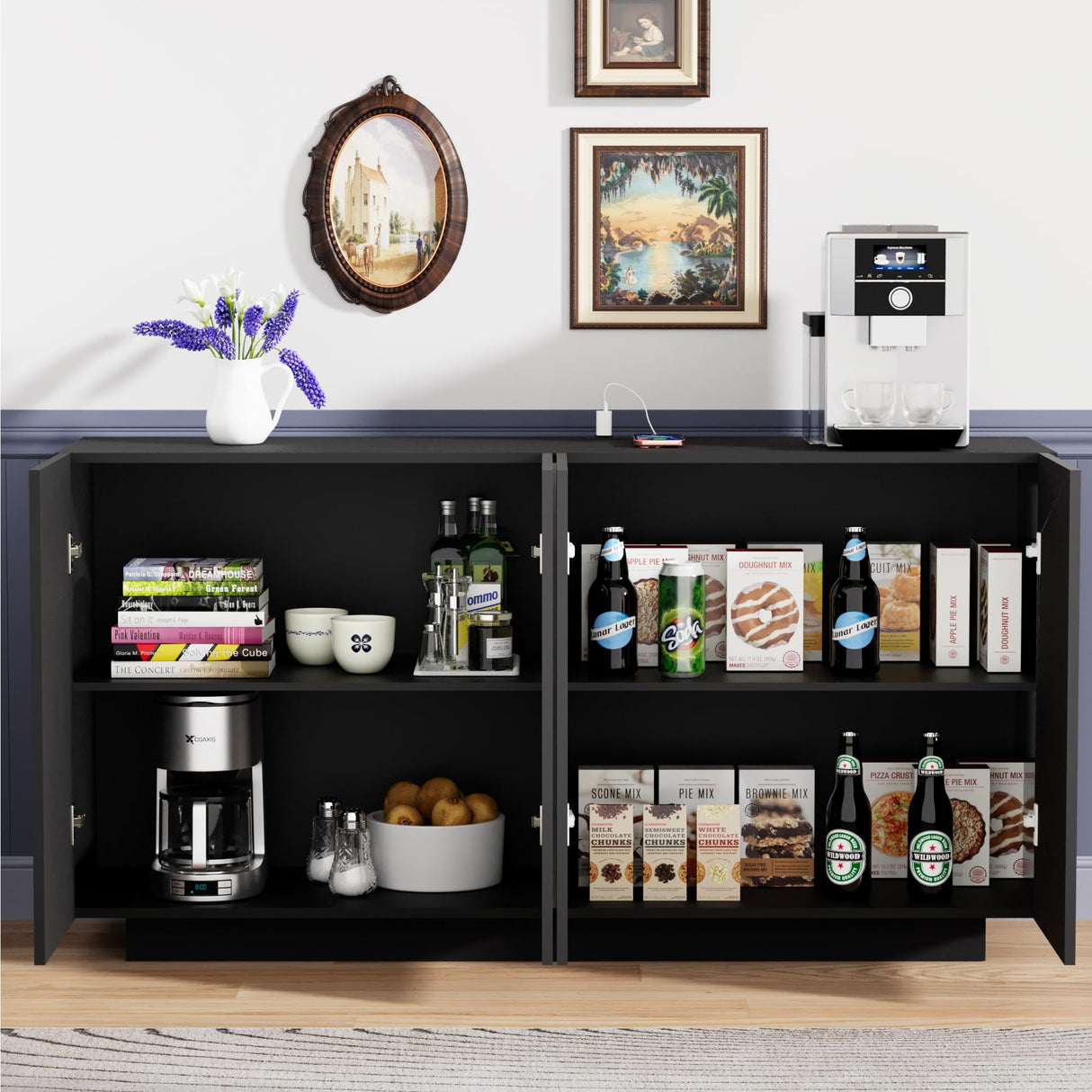 Anbuy Buffet Cabinet with LED Lights Sideboard with Storage Coffee Bar with Charging Station Buffet Cabinet with High Gloss Doors for Kitchen, Bedroom, Living Room (Black LED) Anbuy